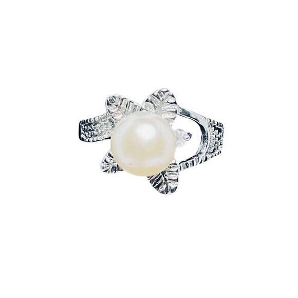 Silver Flower Design Ring With Faux Pearl & Crystal Accents Size 6 1/4 (R423) - Picture 2 of 7